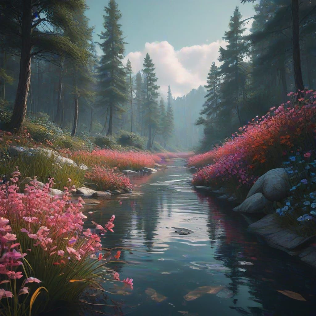 Fantasy River Scene Under Summer Thunderstorm