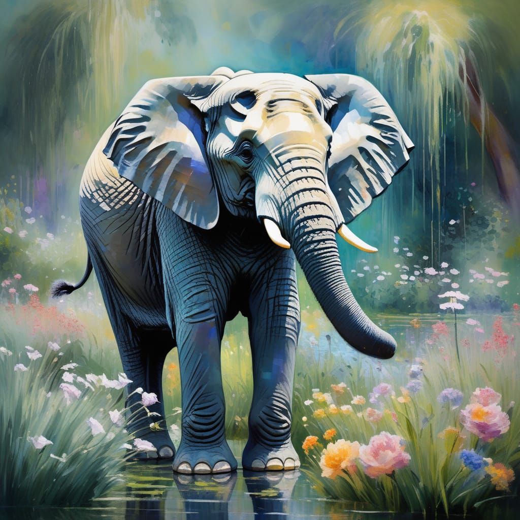 Serene Elephant in Impressionist Garden