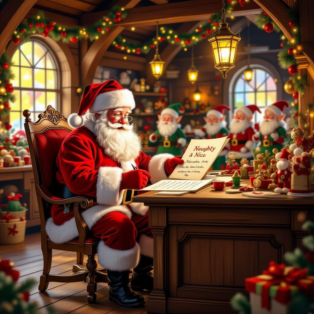 Santa Claus Writes Naughty and Nice List in Whimsical Worksh...