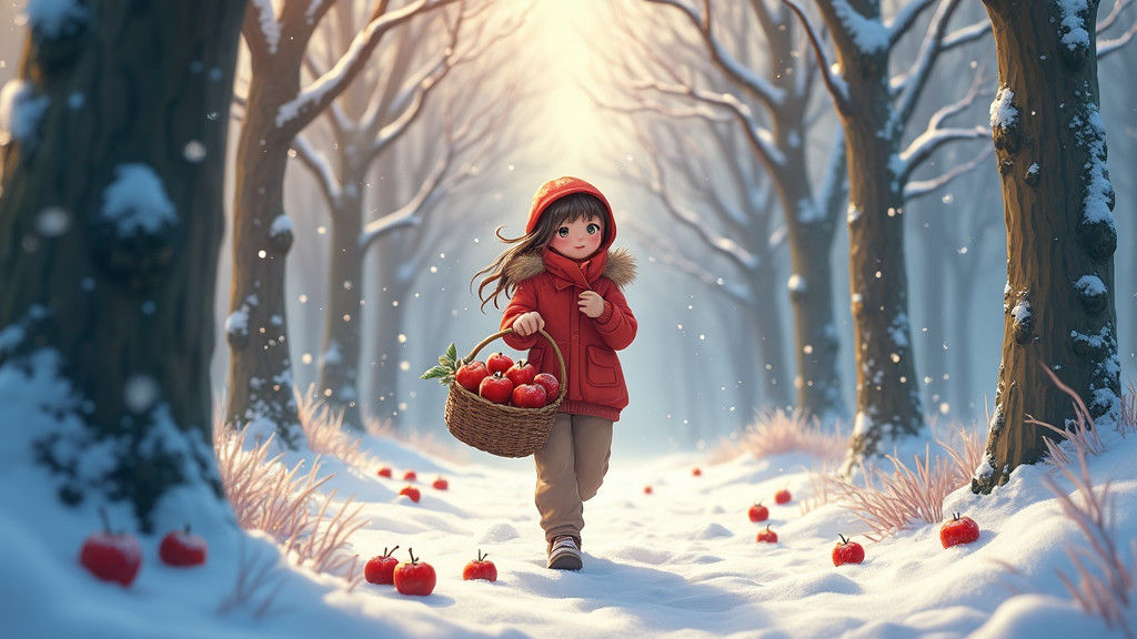 Winter Forest Scene with Woman in Red Hoodie