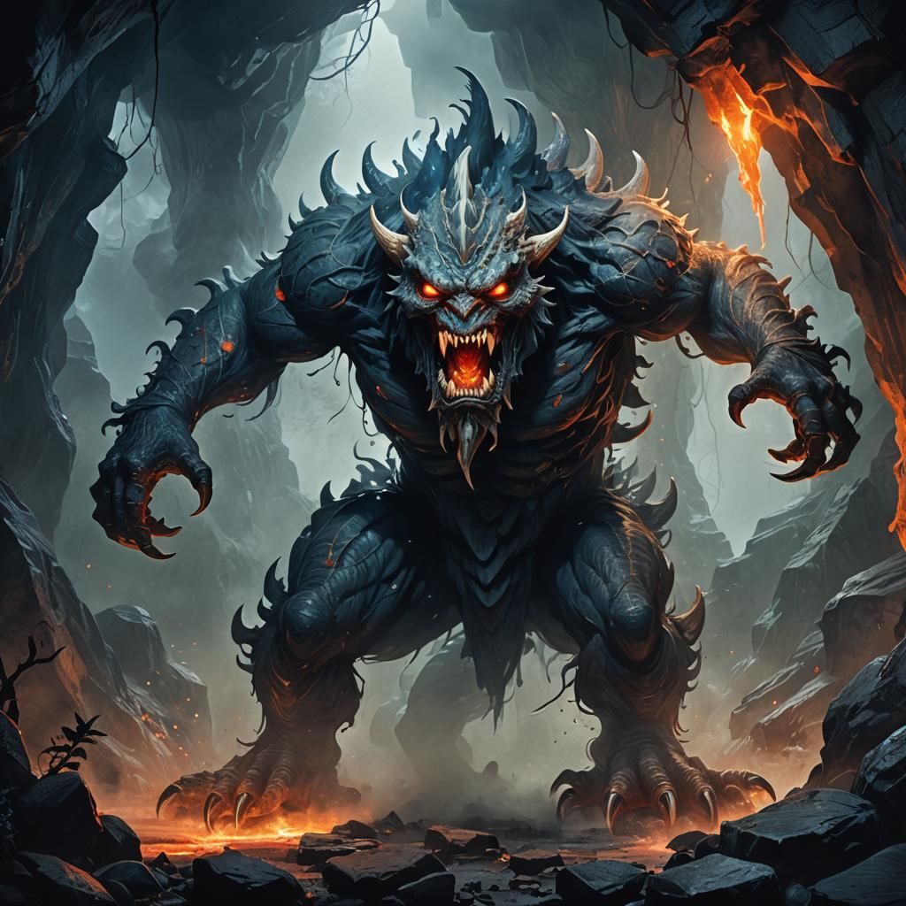 Menacing Monster Emerging from Misty Cave: Concept Art