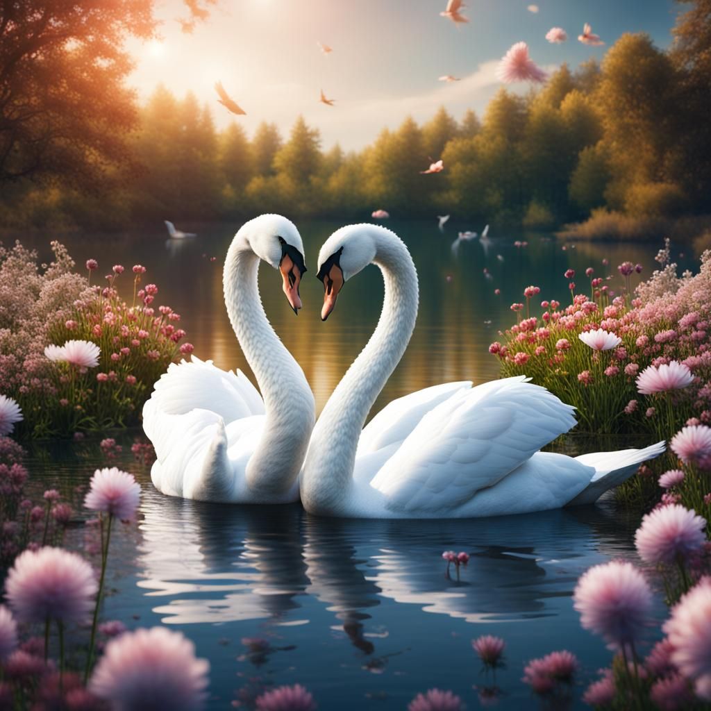 Swans Form Heart Shape on Lake