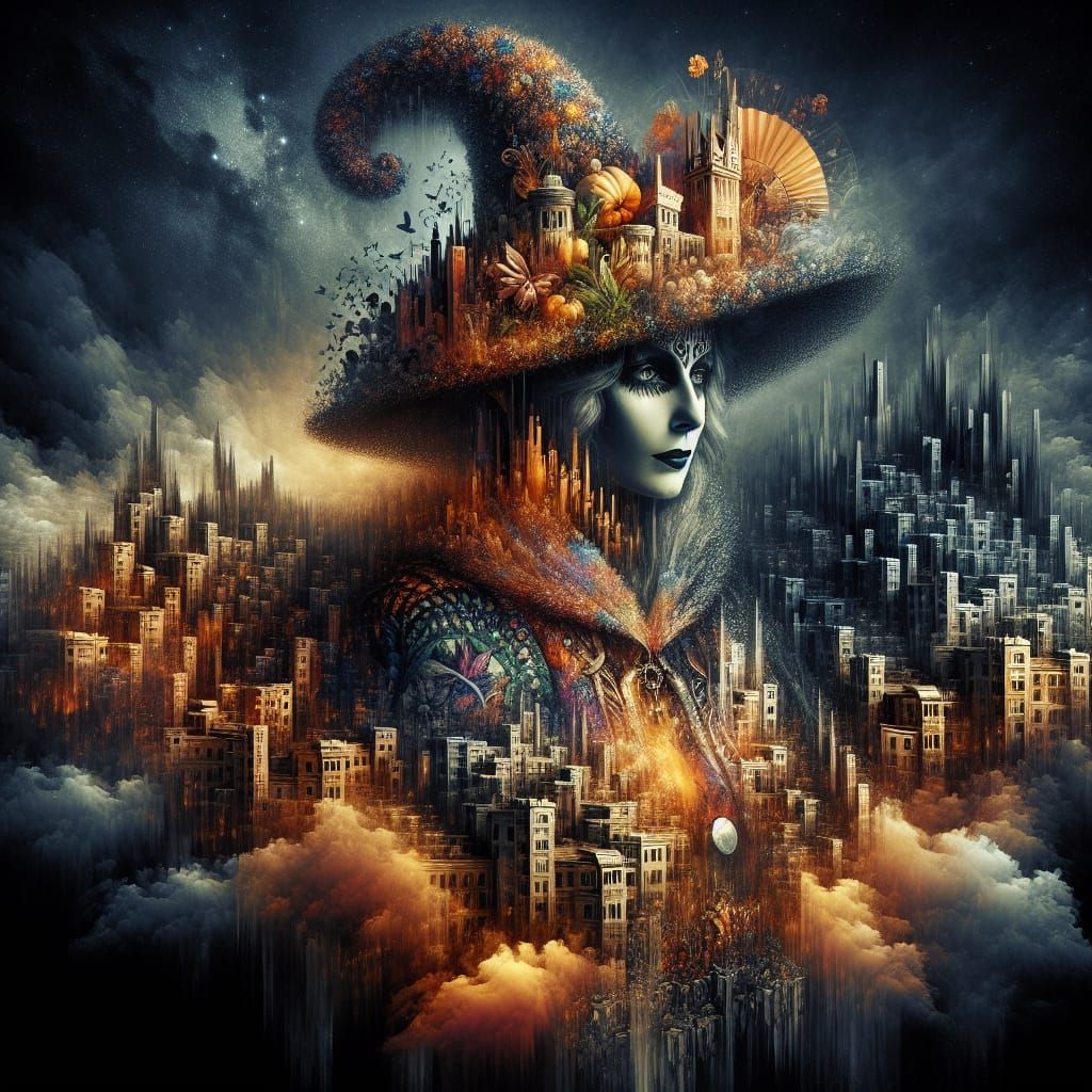 Surreal Witch in Double Exposure Cityscape, Post-Renaissance...