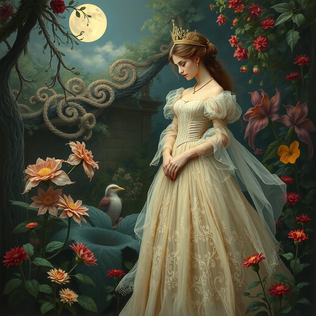 Regal Princess Lost in Dreamy Moonlit Garden