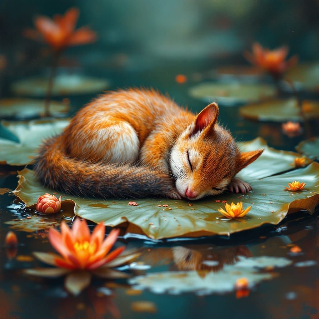 Vibrant Baby Squirrel Slumbers on Lily Pad
