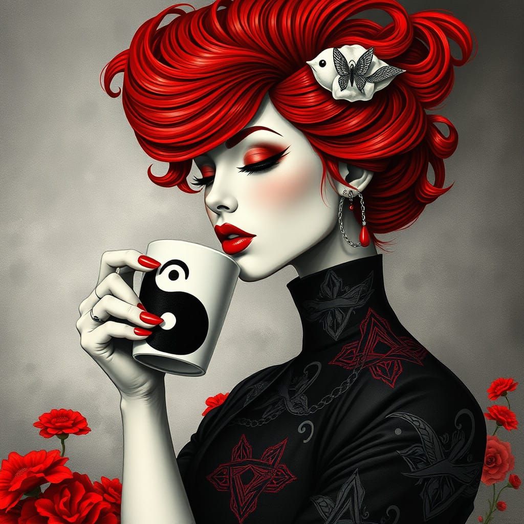 Ethereal Goddess of Strength and Enchantment in Black and Re...