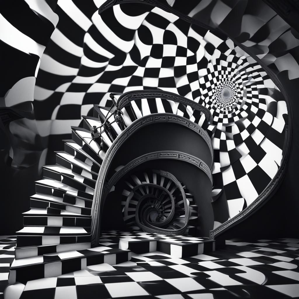 Checkered Stairs Spiral Illusion in Detailed Matte Painting