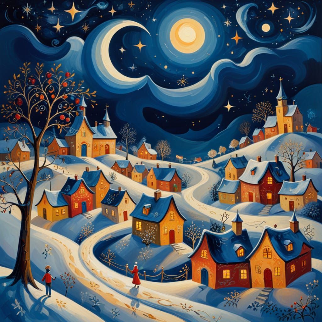 Whimsical Moonlit Winter Village Scene in Chagall-Inspired S...