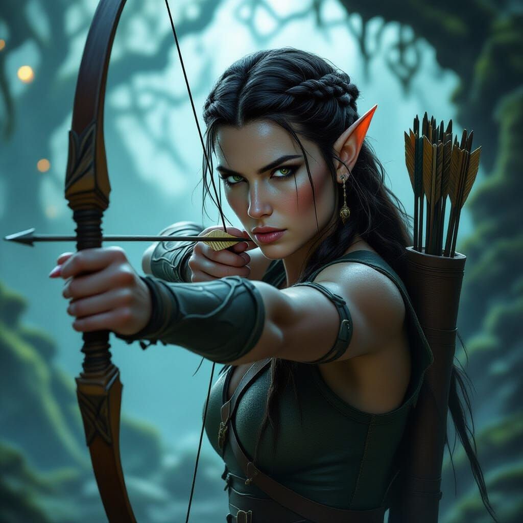 Elven Archer in Misty Forest, Fantasy Concept Art