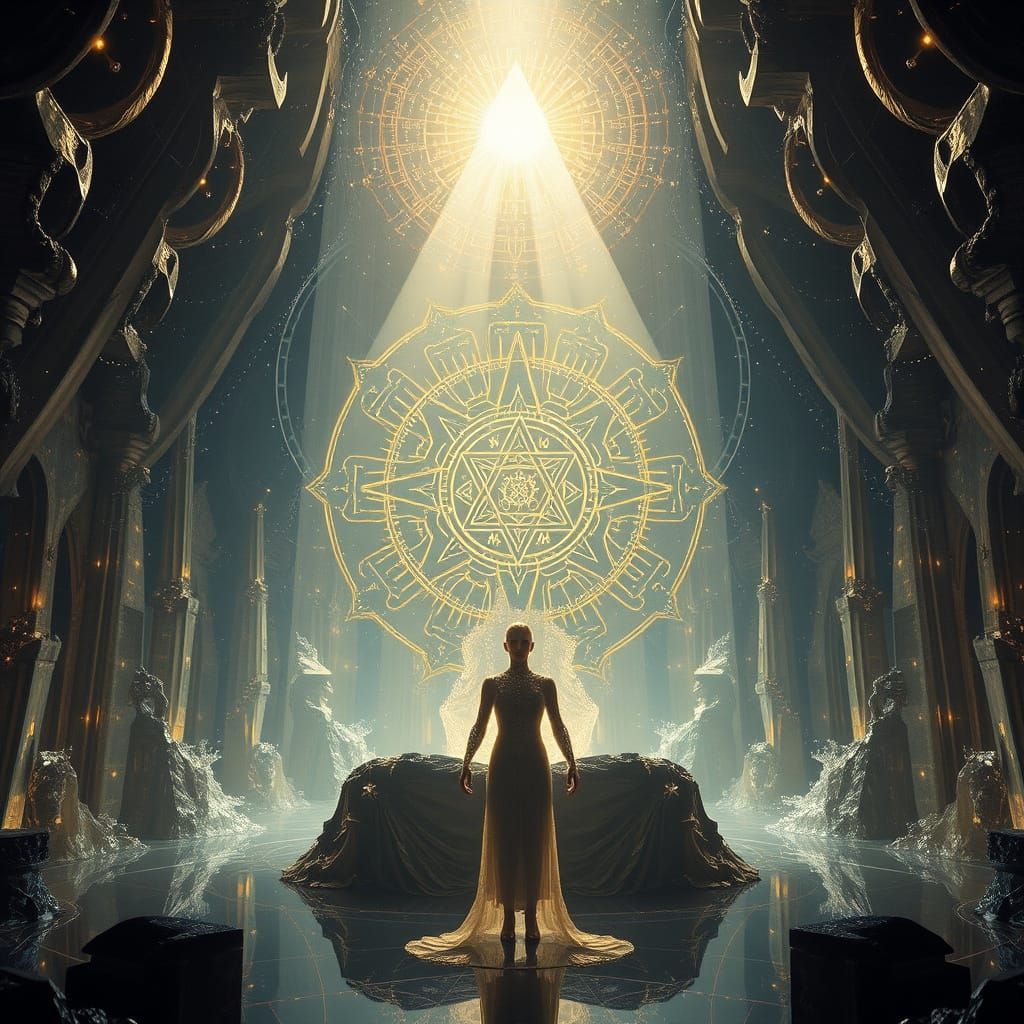 Living Code Chamber with Golden Glyph, Cinematic Style