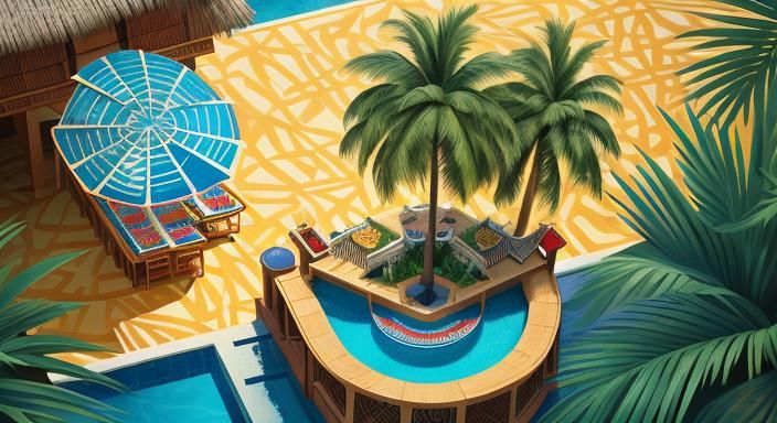 Tiki Bar Pool in Cubist Woodblock Print Style