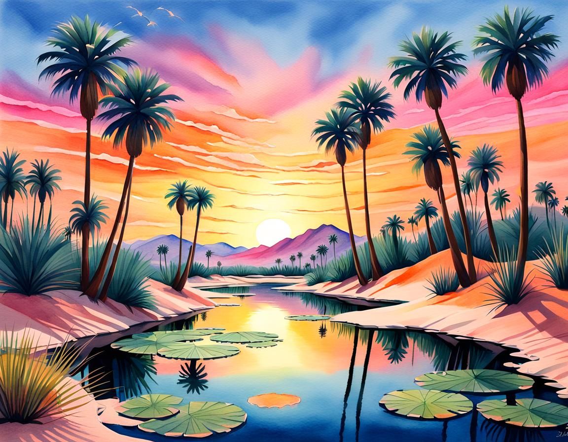 Tranquil Desert Oasis at Sunset in Watercolor Style