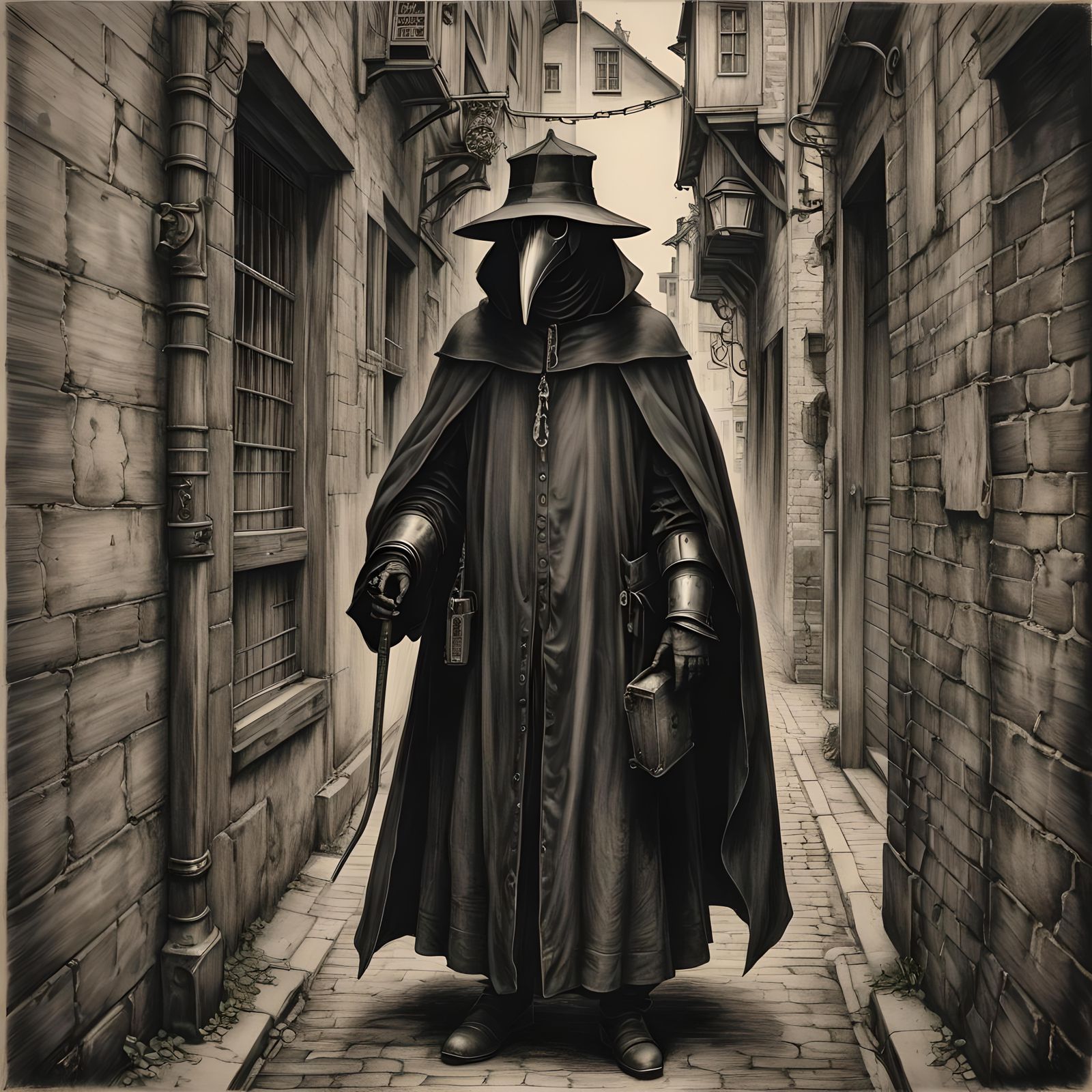 Plague Doctor in Alleyway: Charcoal Drawing