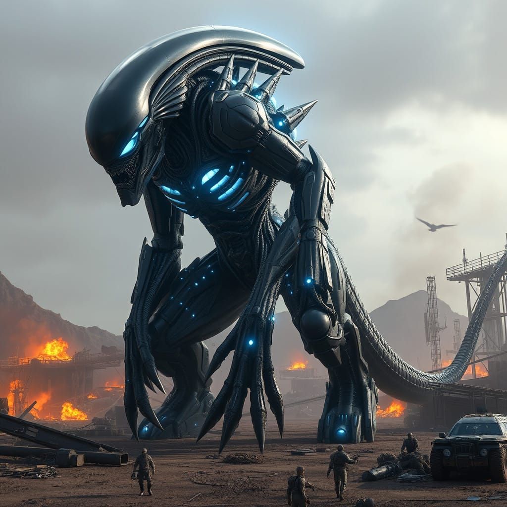 Cyberpunk Alien Overlord Dominates Ravaged Landscape