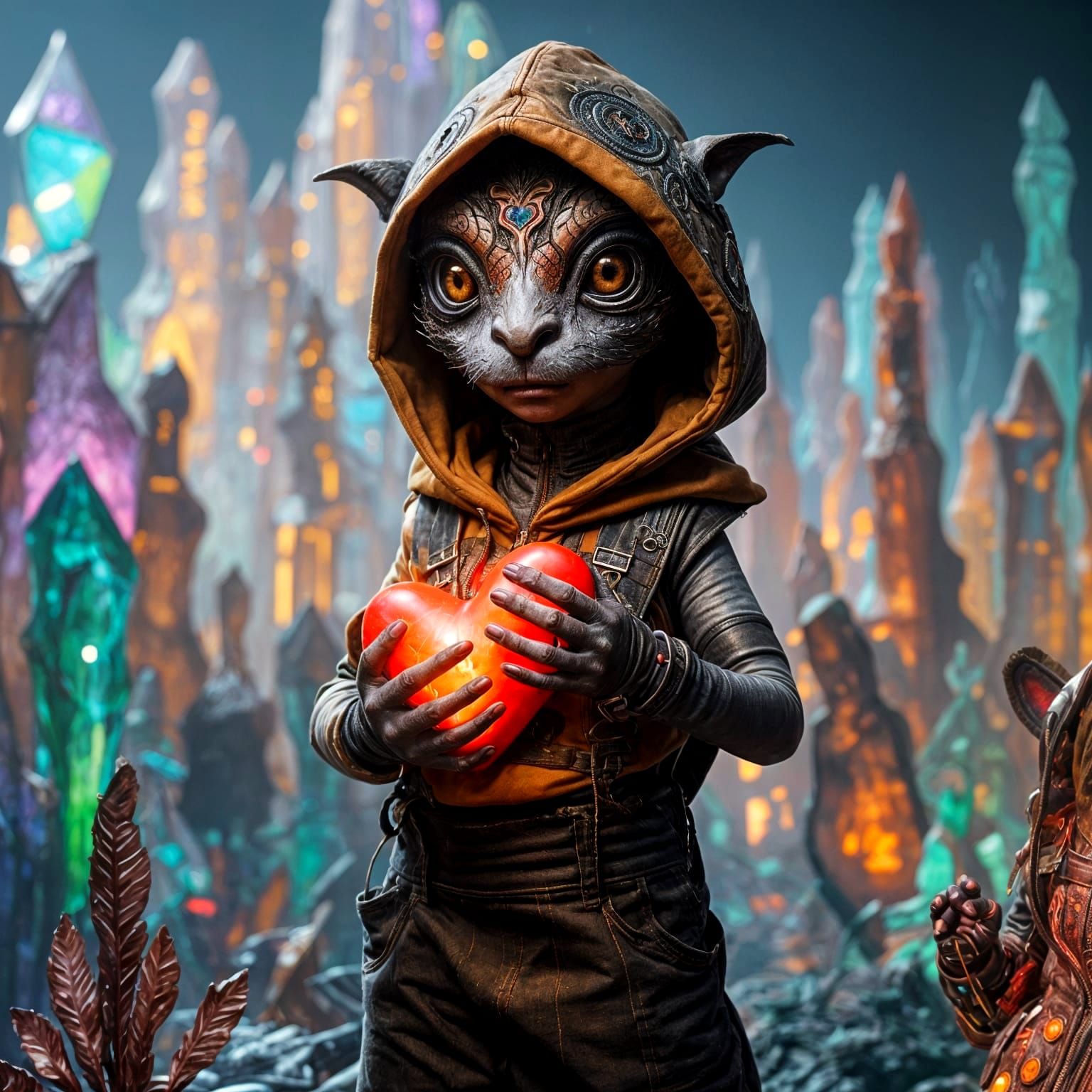 Whimsical Hooded Creature Holds Glowing Red Heart Amidst Bis...