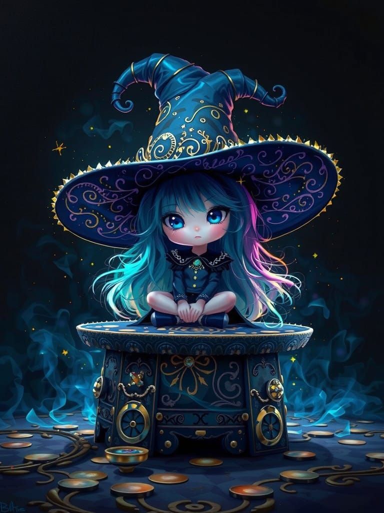 Ethereal Chibi Witch Girl in Lavish Attire, Oil Impasto Pale...