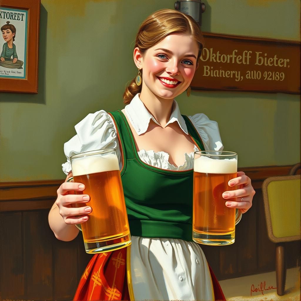 Oktoberfest Waitress with Beer Steins: Gouache Painting