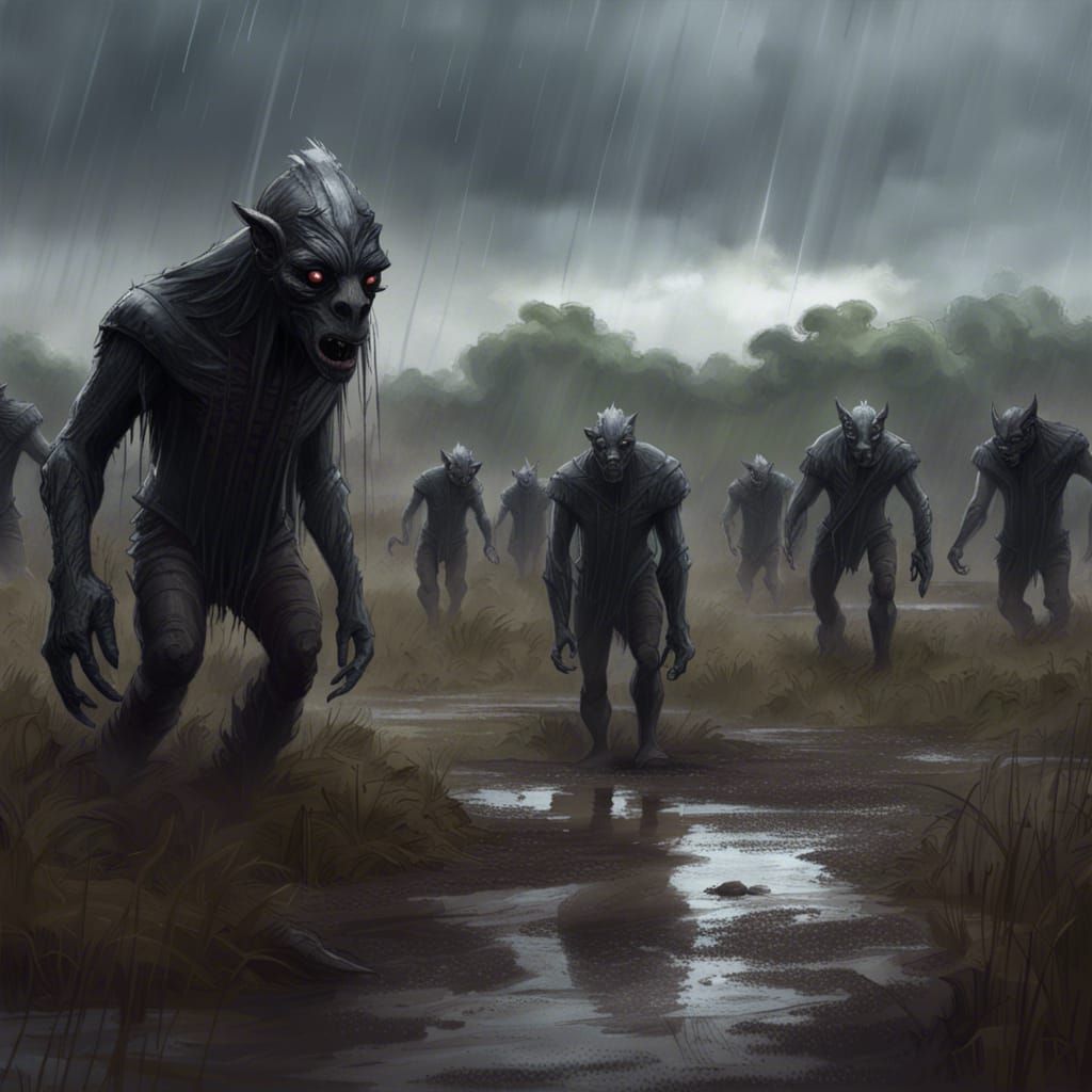 Dark Hairless Monsters Roam in Rainy Field