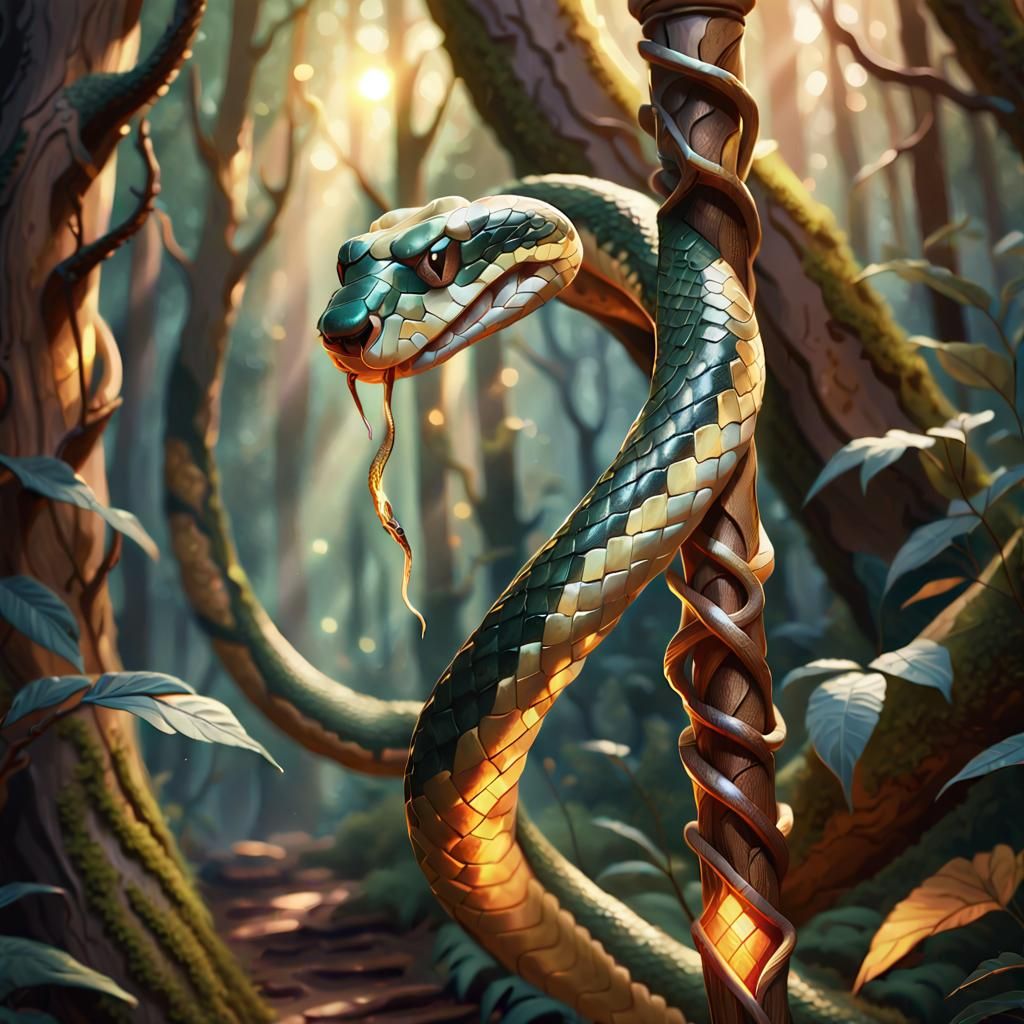 Mystical Forest Snake Wrapped Around Wooden Staff