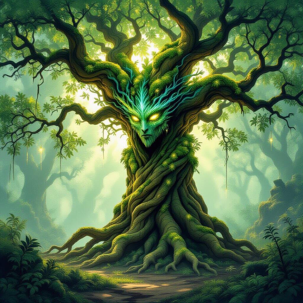 Ancient Tree Spirit in Mystical Forest Clearing