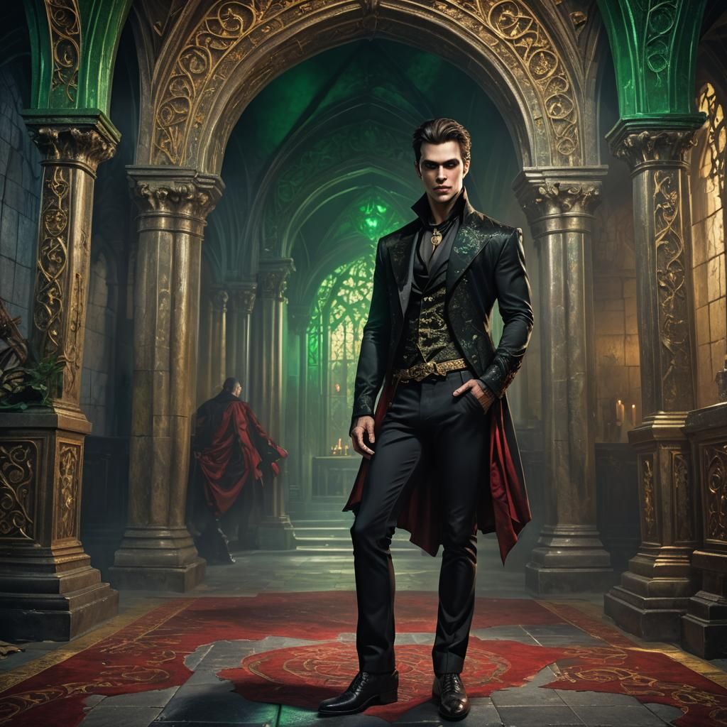 Handsome Vampire in Gothic Crypt: Fantasy Art