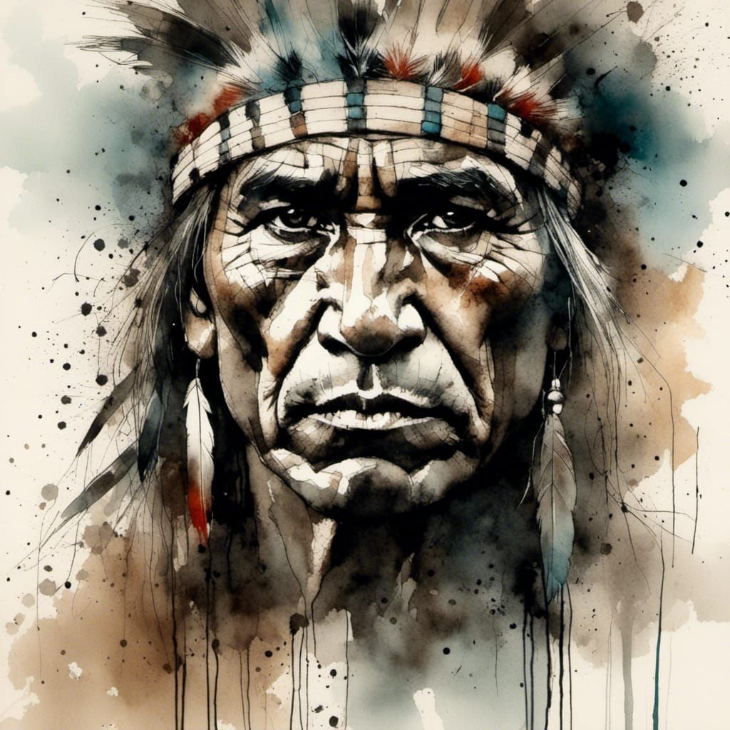 Native American Portrait in Watercolor and Mixed Media