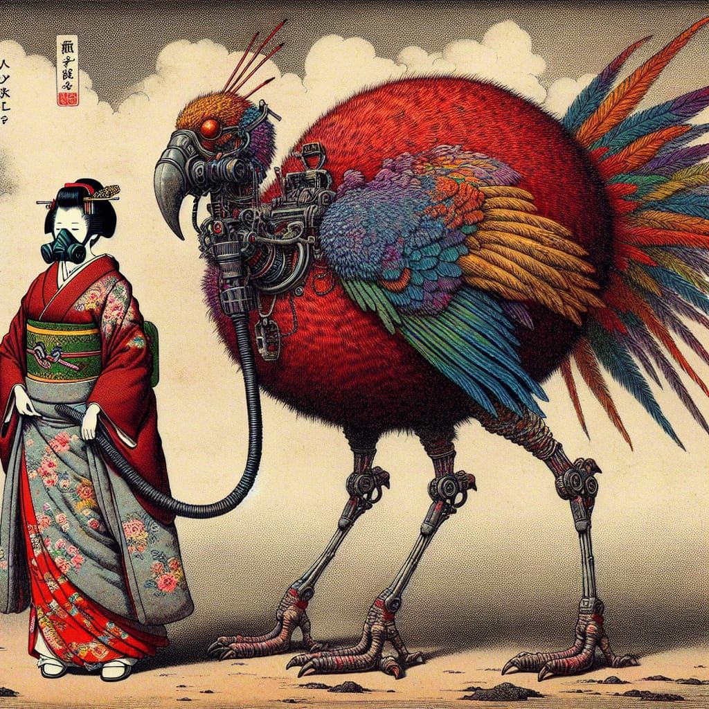 Ukiyo-e Sci-Fi: Woman and Alien Bird Creature