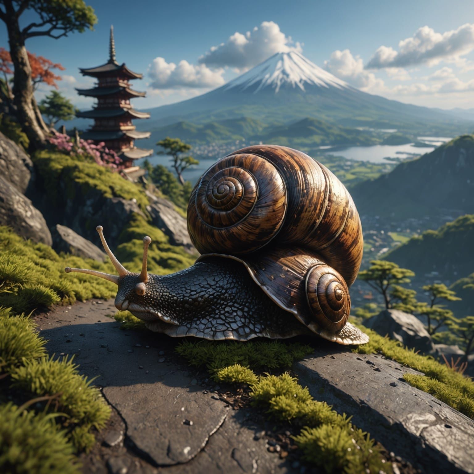 Snail's Climb Up Mount Fuji: Detailed Matte Painting