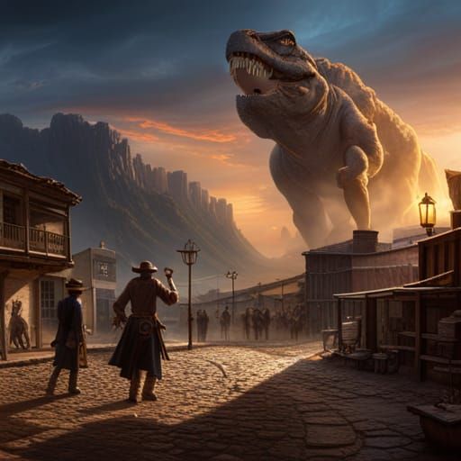 Cowboys Versus T-Rex in Western Town, Detailed Matte Paintin...