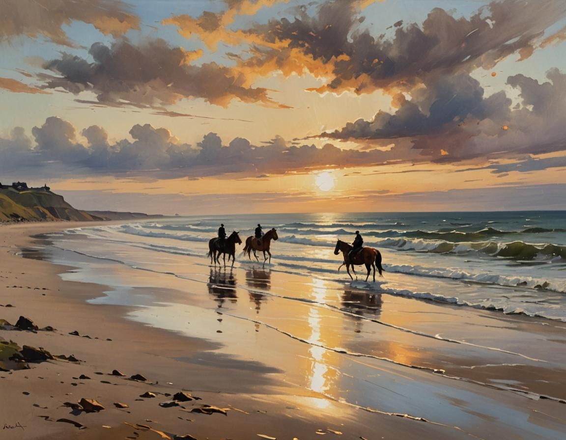 Irish Beach Sunset: Horses in Expressive Impasto Style