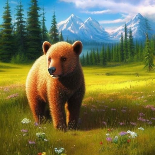 Bear Cub in Spring Landscape: Digital Painting
