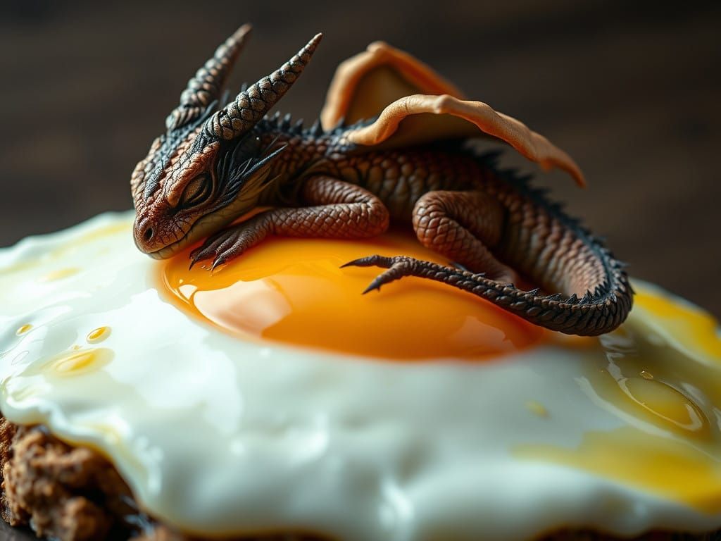 Baby Dragon Asleep on Golden Fried Egg in Warm Light