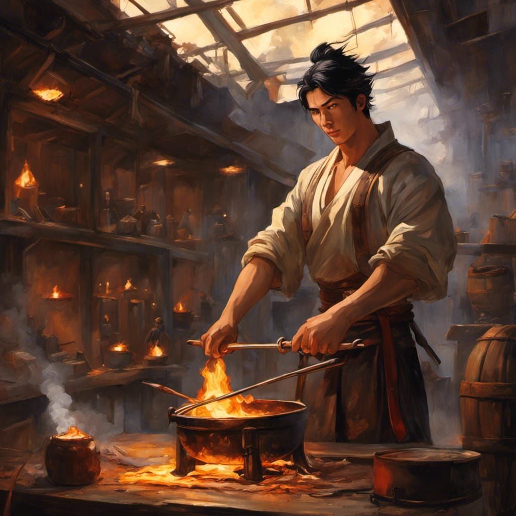 Handsome Blacksmith at Forge: Ghibli Watercolor Style