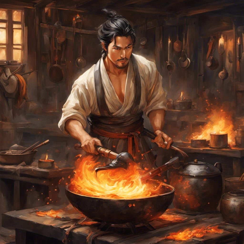 Fantasy Blacksmith at Forge in Watercolor Style