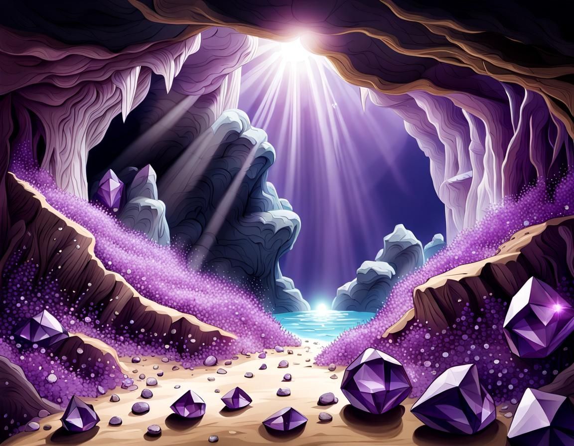 Realistic amethyst cave covered in diamonds with the sun abo...