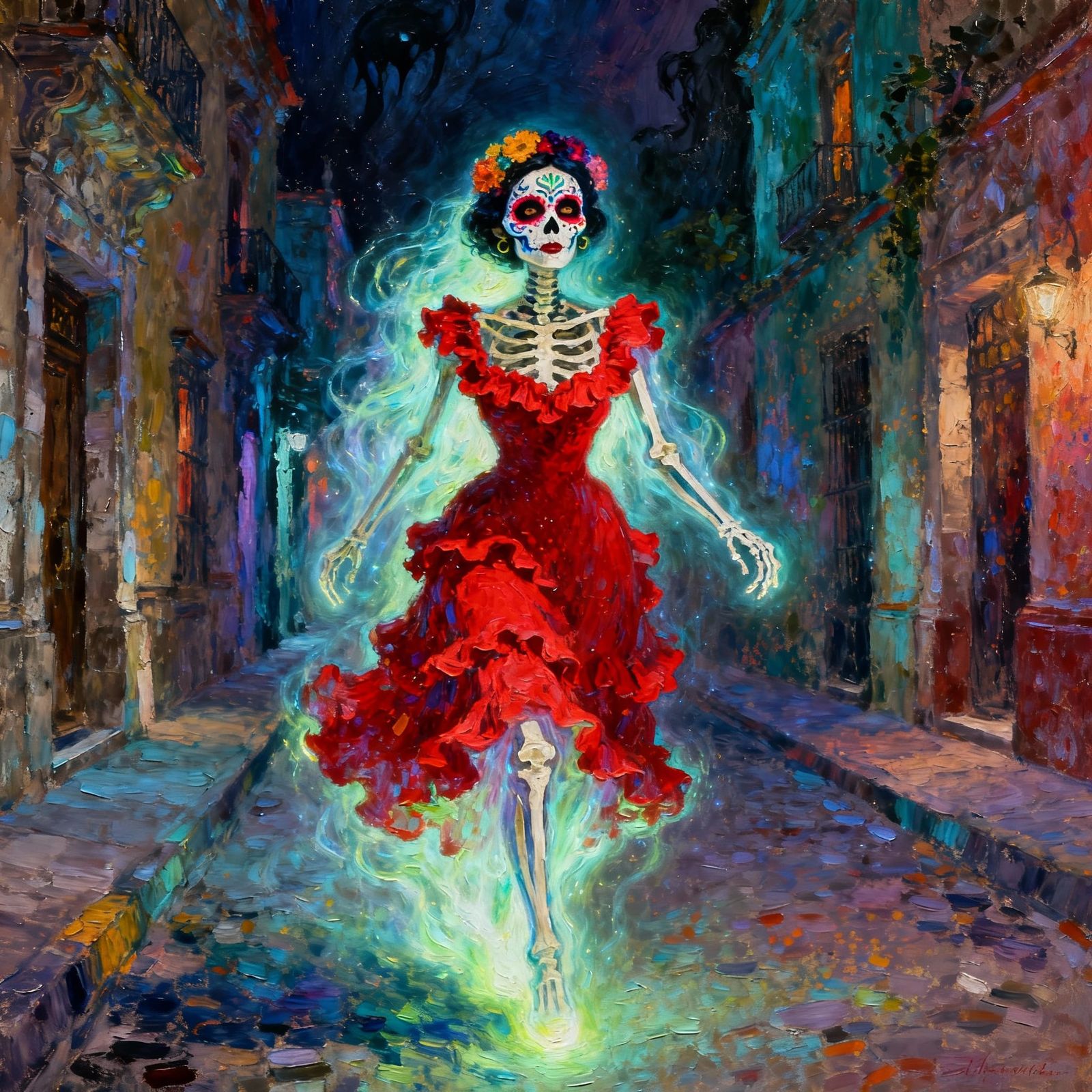 Dia de los Muertos Skeleton Woman in Spectral Glow, Oil Pain...