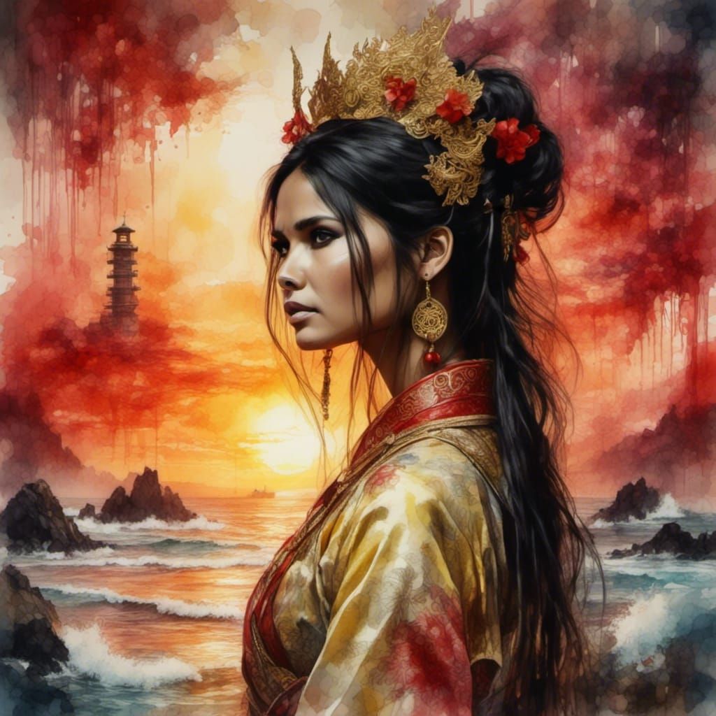 Japanese Princess in Watercolor Sunset Beach