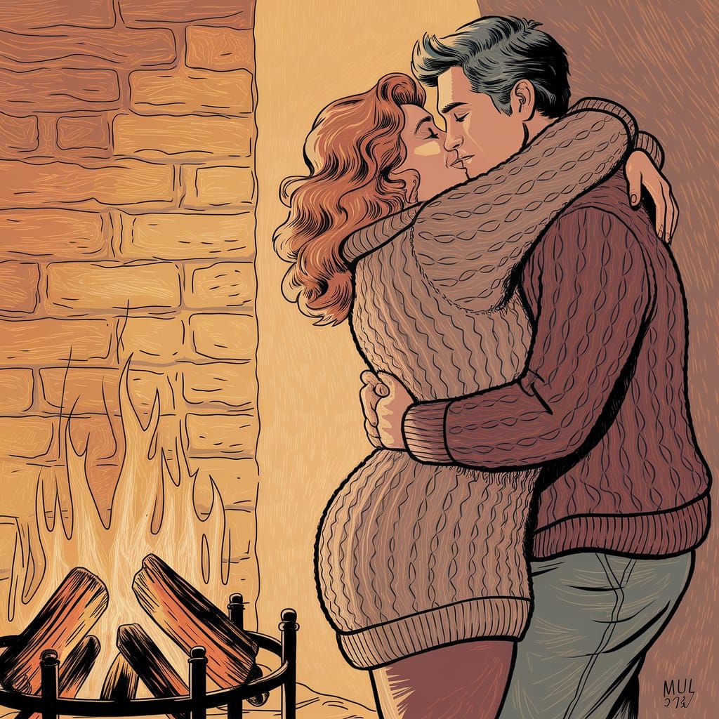 Passionate Embrace by Fireplace in Art Nouveau Style