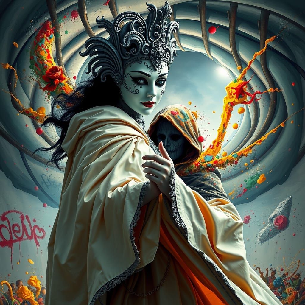 Venetian Masked Woman Dances in Graffiti Tornado