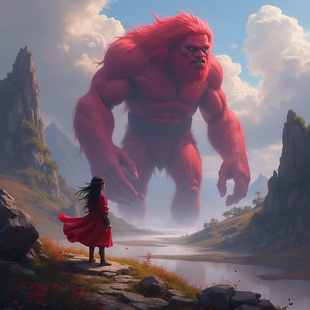 Girl, Magic Key, and Giant in Fantasy Landscape