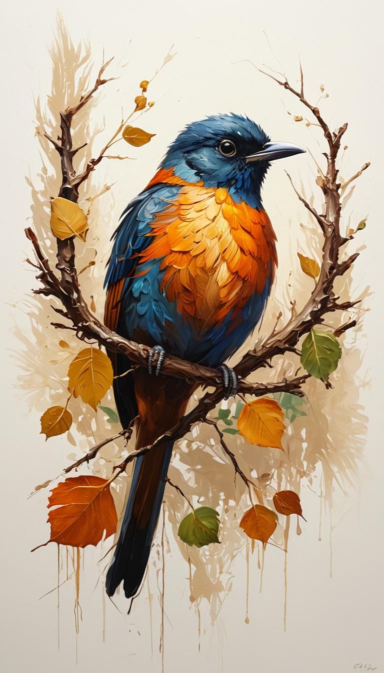 Vibrant oil painting. Close-up. A bird perched on a gnarly b...