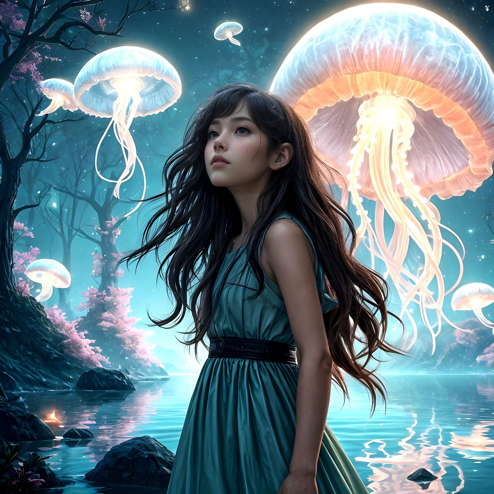 Dreamlike Bioluminescent Jellyfish in Ghibli-Inspired Landsc...