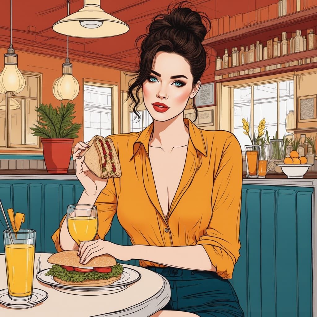 Woman Eating Sandwich in Nostalgic Diner, Line Art Style