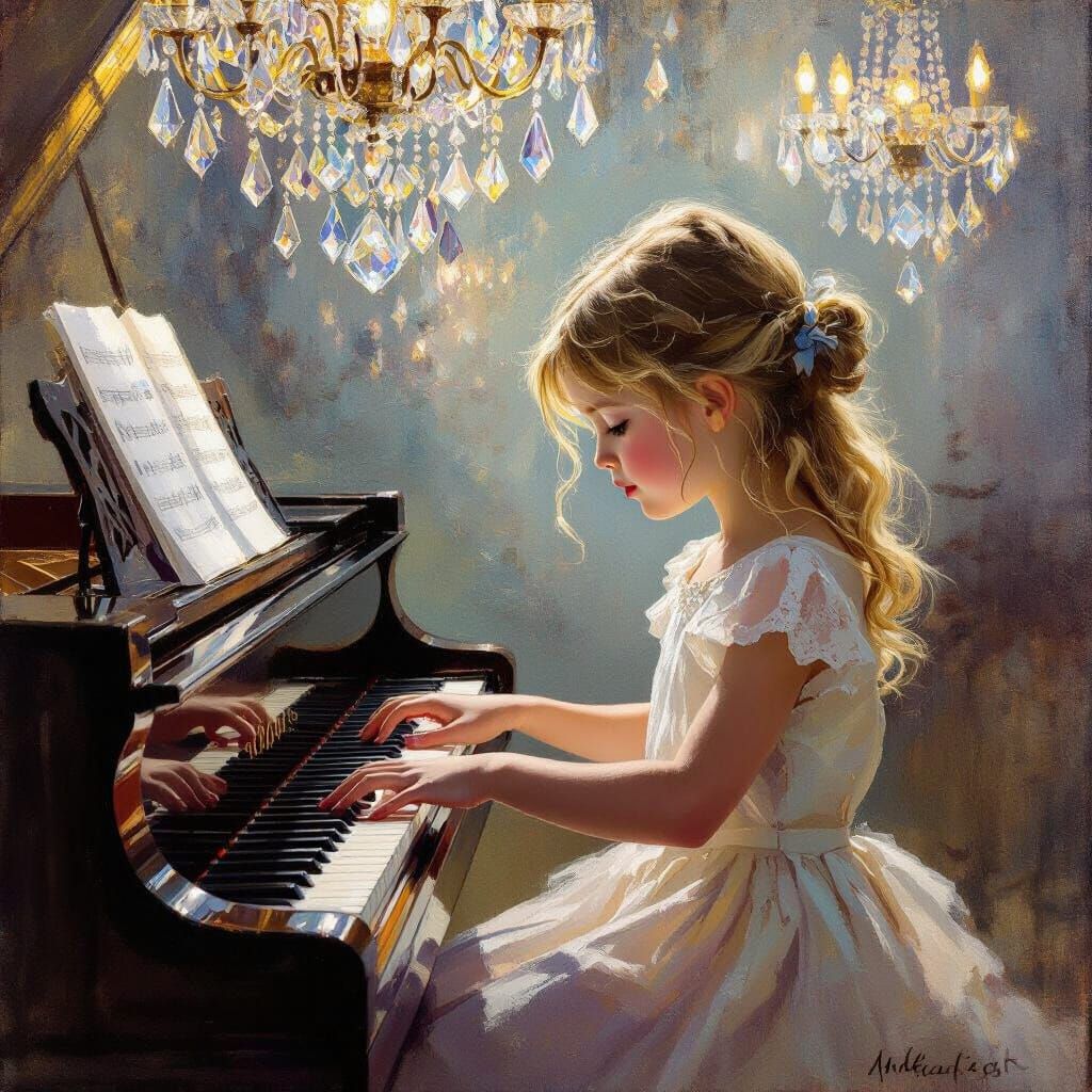 Impressionist Painting of Girl Playing Piano Under Chandelie...