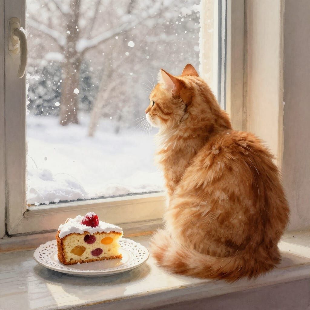 Ginger Cat Gazes at Snowfall in Cozy Room