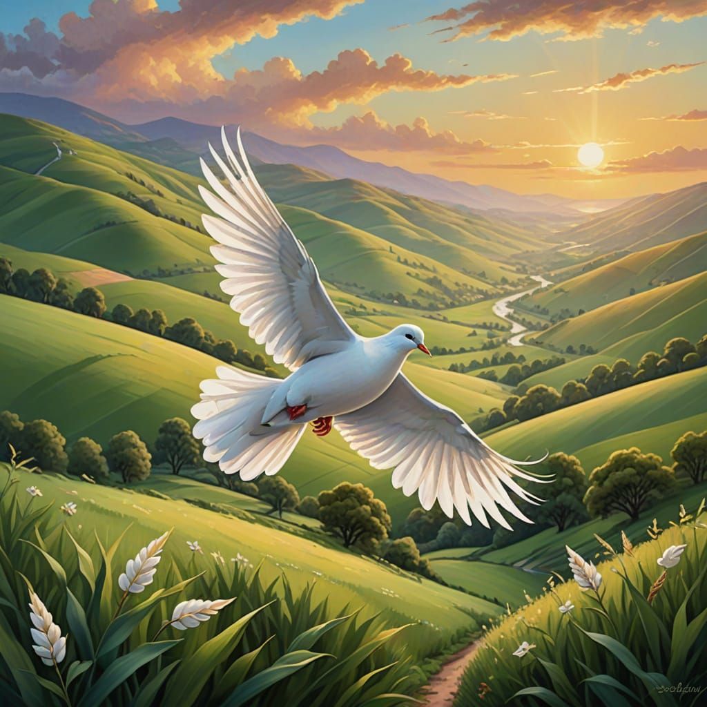 Serene Dove Soars Over Peaceful Landscape in Vibrant Oil Pai...