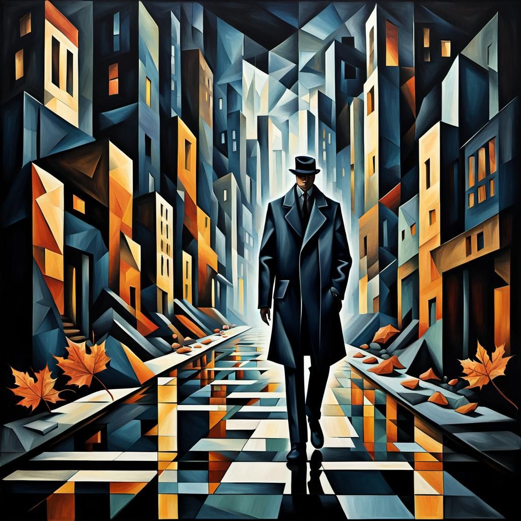 Eerie Cubist Cityscape with Geometric Art Deco Elements
