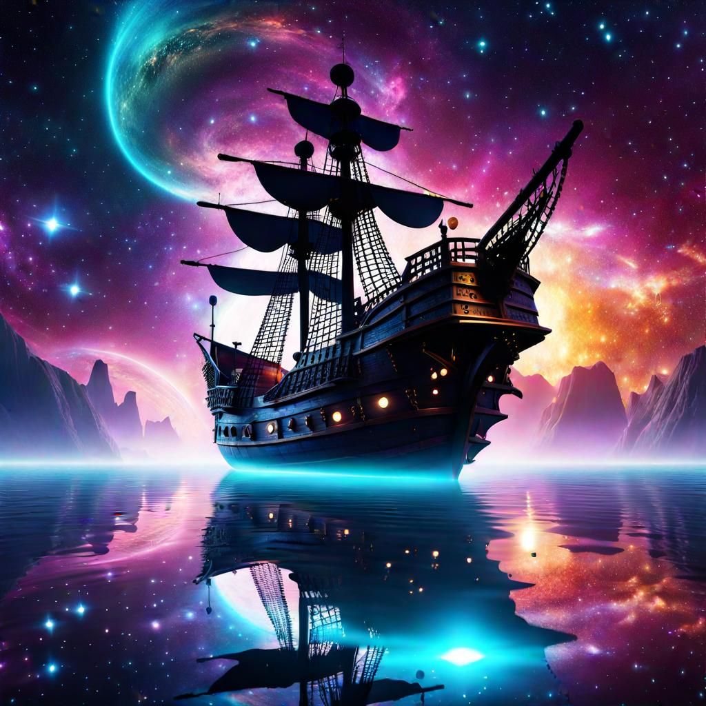 Cosmic Pirate Ship in Surreal Starlit Hideout