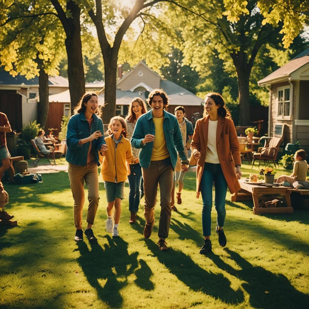 Family Fun in Sunny Backyard: Cinematic Film Still
