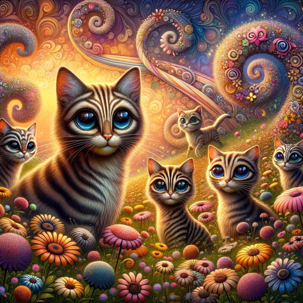Vibrant Floral Meadow with Whimsical Striped Cats in a Fanta...